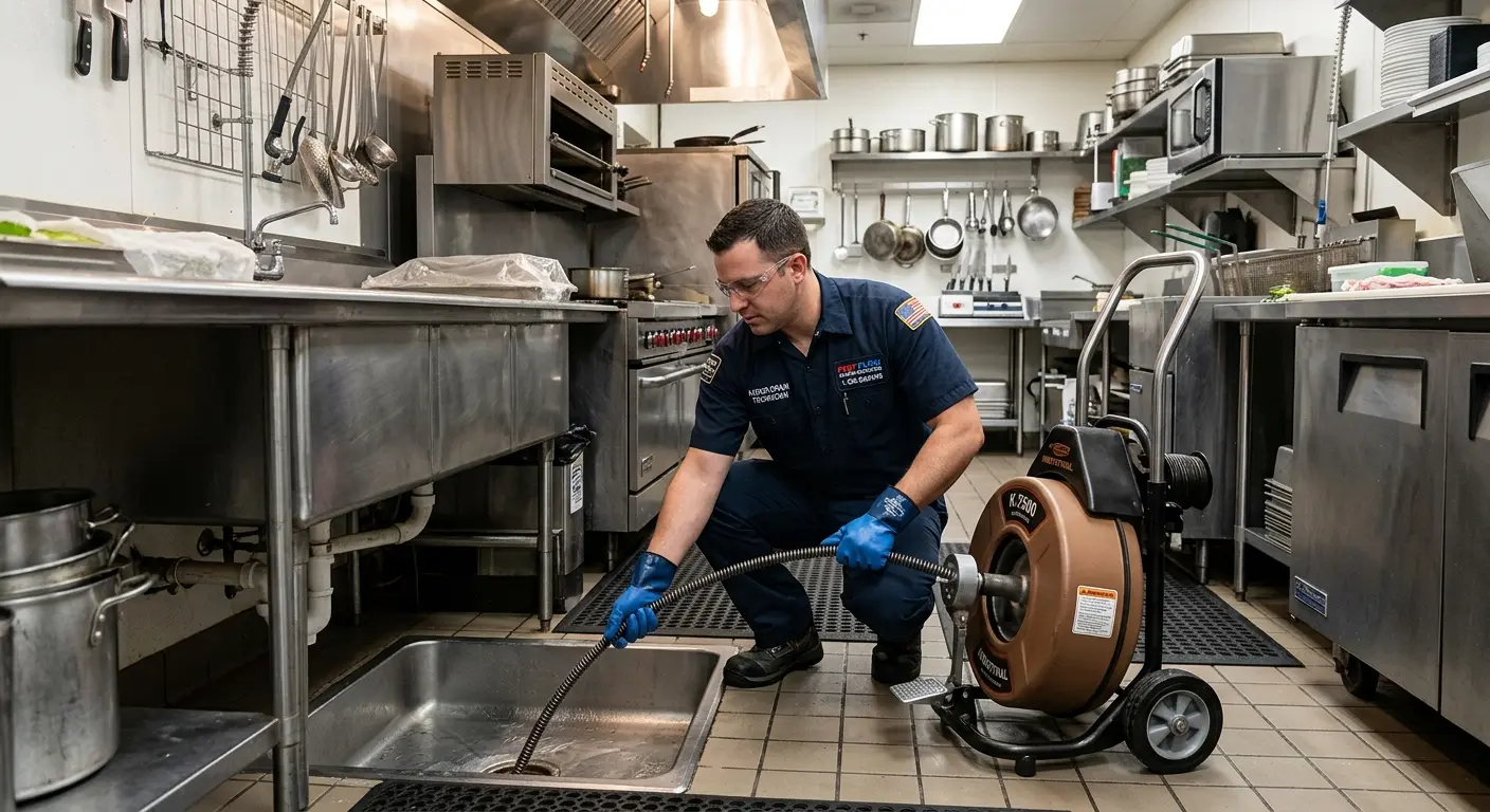 Commercial drain cleaning service in a restaurant kitchen in Welcome