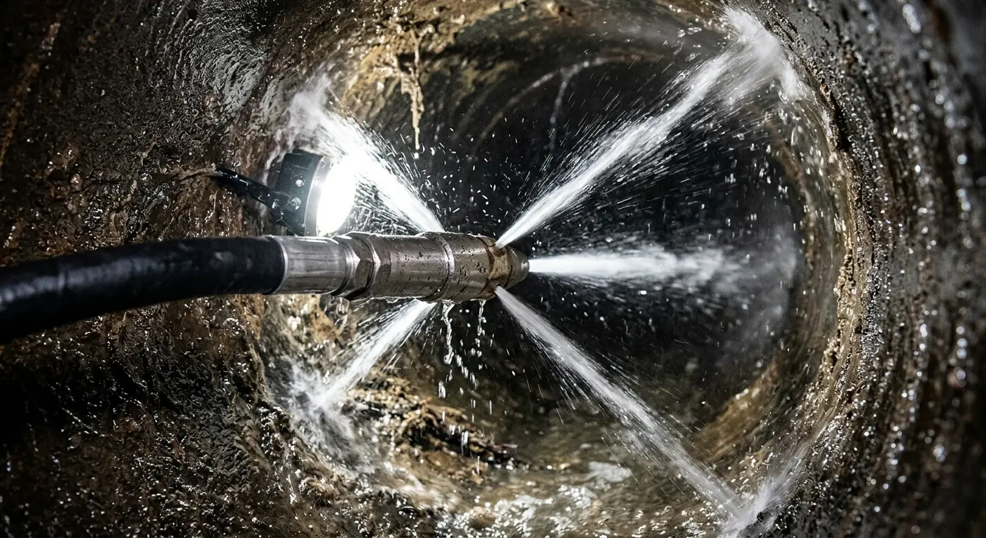 High-pressure hydro jetting nozzle cleaning sewer pipe for Trenchless Sewer Repair in Welcome