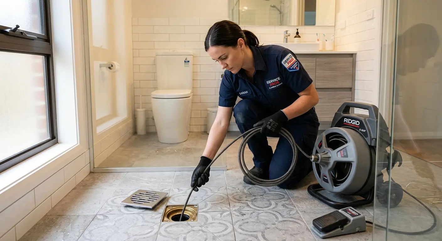 Technician clearing a bathroom floor drain for Sewer Line Replacement in Welcome